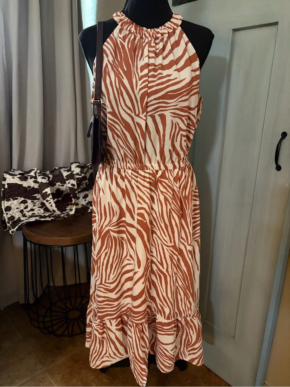 Nine West Cream & Rust Zebra-Print Halter Midi Dress